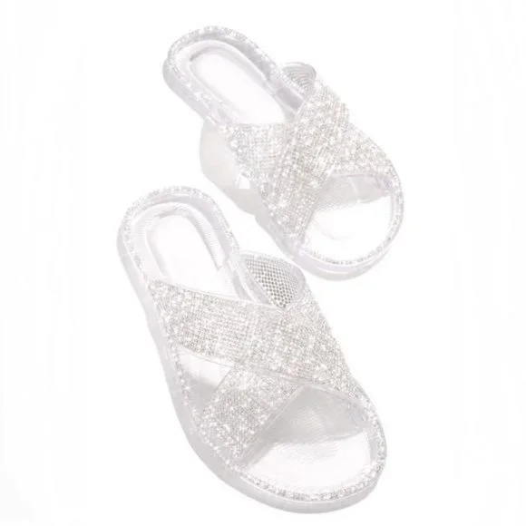 NEWEmbellished Criss Cross Jelly Slides in Clear - Picture 2 of 7